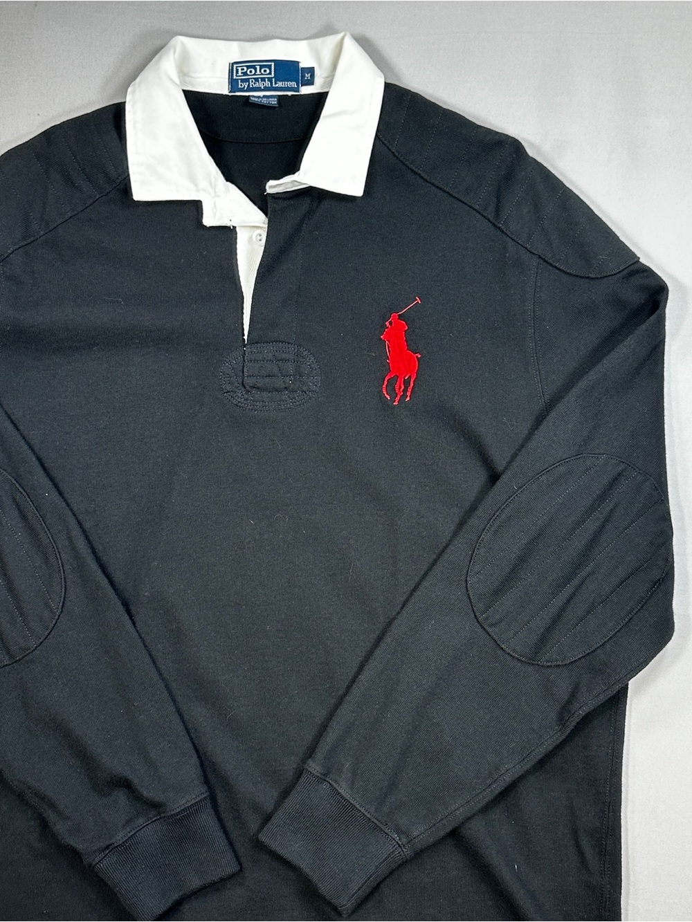 Vintage Polo Ralph Lauren Rugby Shirt Men’s M Black Red Pony Elbow Patches - Picture 9 of 10
